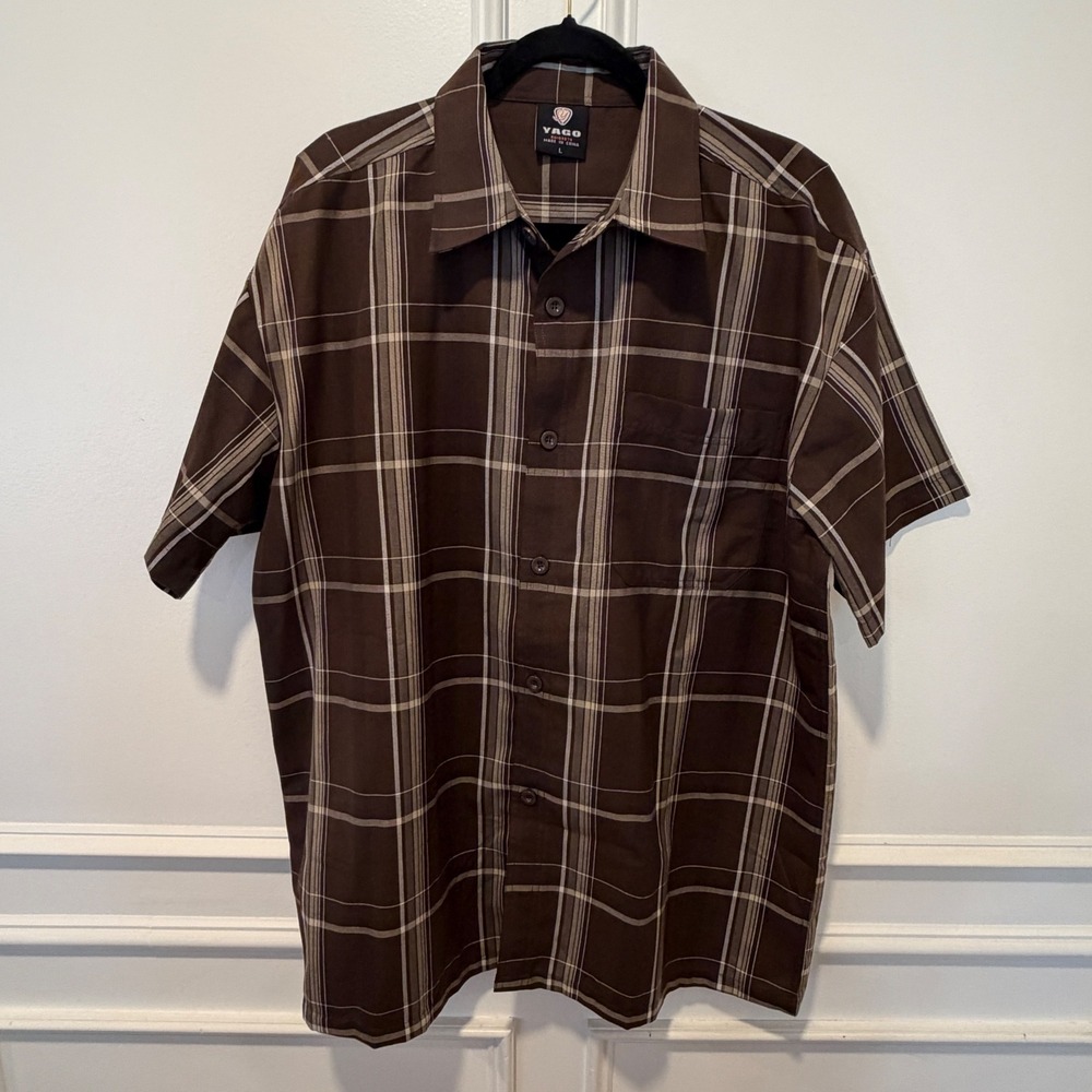 Yago‎ Men's Large Brown Plaid Short Sleeve Button-Down Shirt